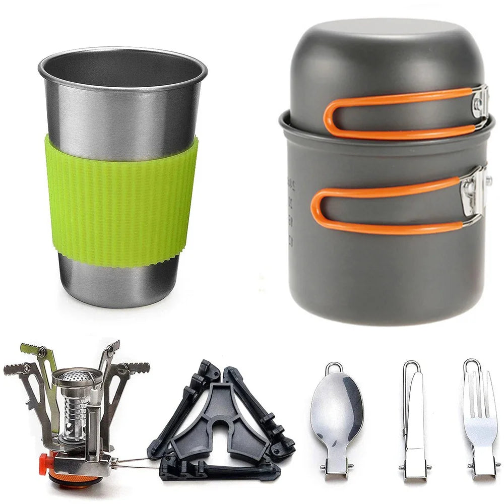 Eway camping pot set with multiple pots and lids, ideal for outdoor cooking and camping adventures.