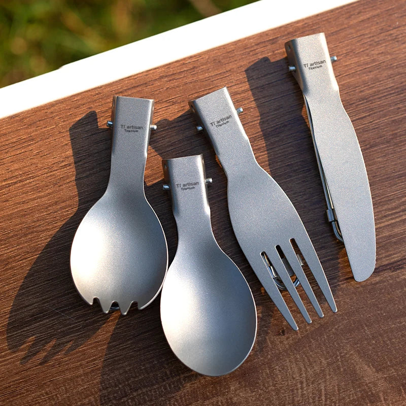 Eway Tiartisan titanium food utensils set, including spoons and forks, lightweight and durable for outdoor and everyday use.