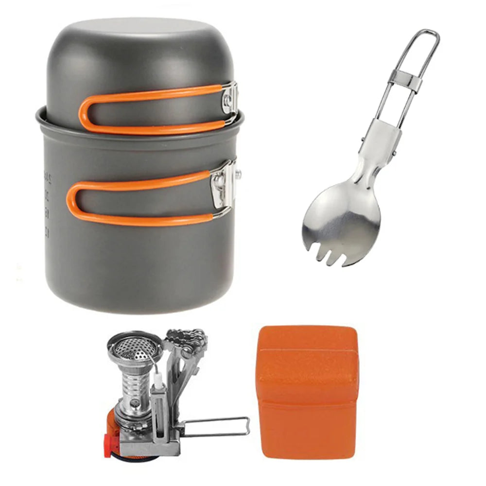 Eway camping pot set with multiple pots and lids, ideal for outdoor cooking and camping adventures.
