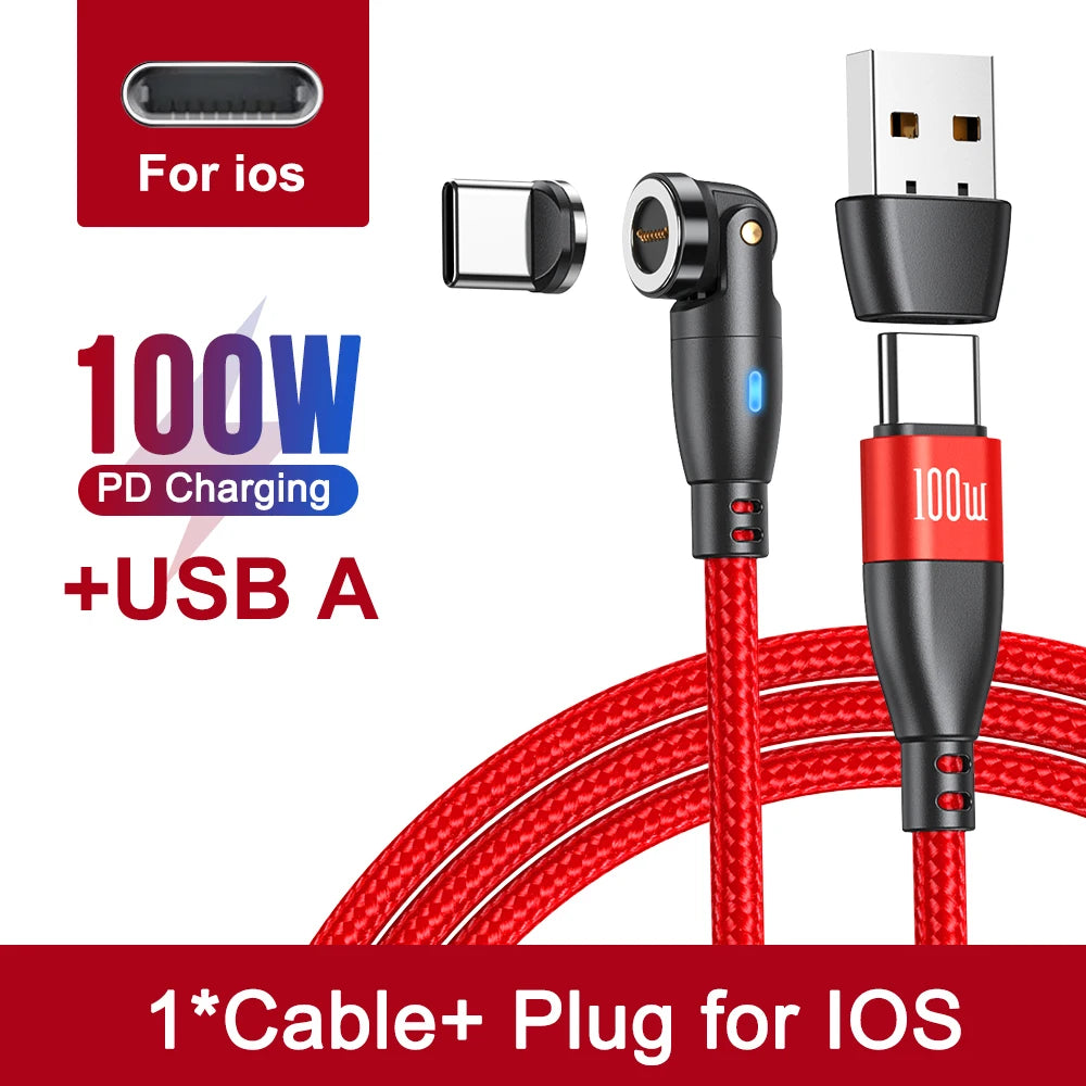 Eway 3-in-1 magnetic charging cable for smartphones, tablets, and devices, with 100W power transfer and multiple connectors.
