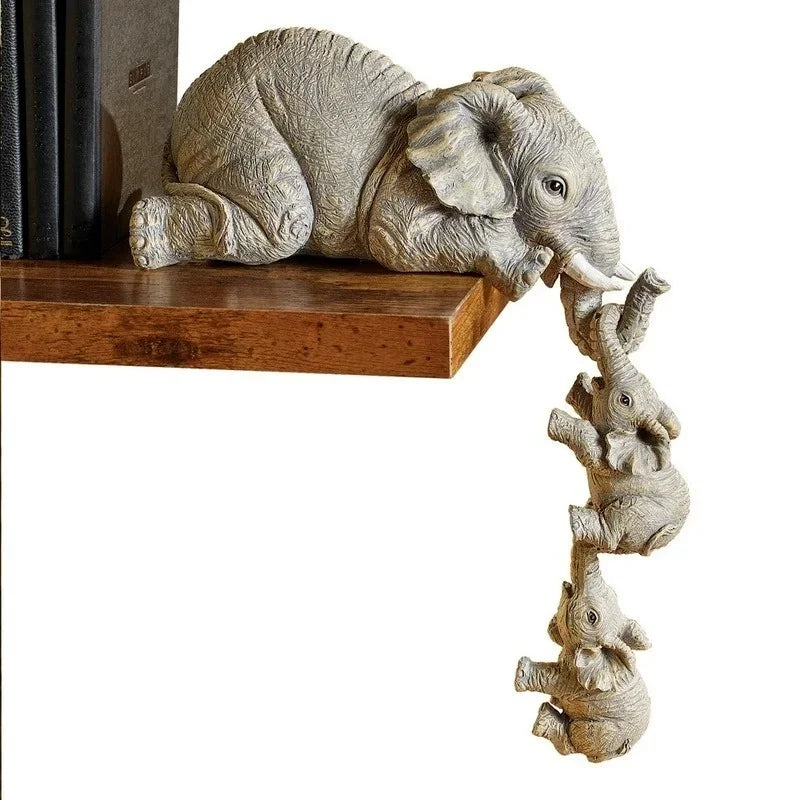 Three wooden elephant figurines from Eway, decorative animal sculptures in a set of three, crafted from natural wood.