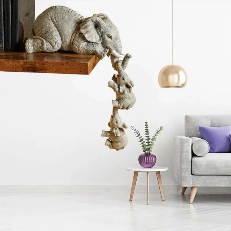 Three wooden elephant figurines set, crafted by Eway, featuring detailed textures and natural wood finish.