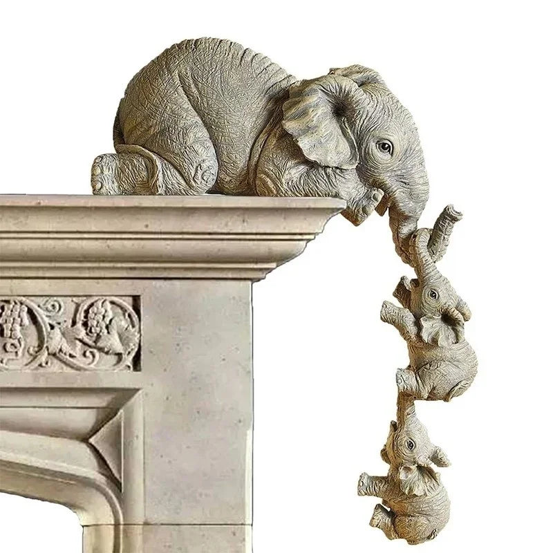 Three wooden elephant figurines in a set by Eway, showcasing detailed craftsmanship and natural wood texture.