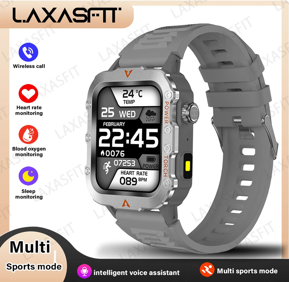 Eway LAXASFIT Q11 smart watch displaying digital time and fitness tracking features on a sleek black band.