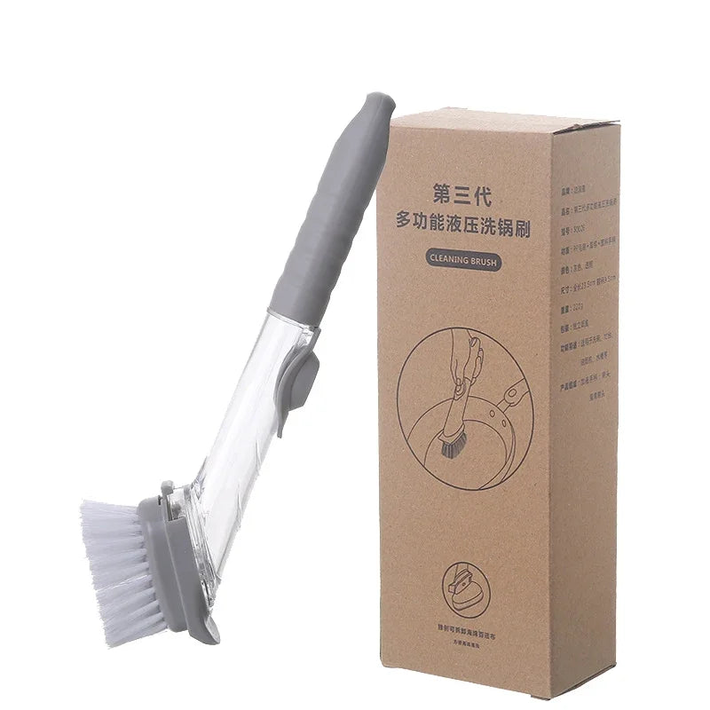 Eway 2-in-1 kitchen cleaning brush with soap dispenser, featuring a bristle brush head and integrated soap reservoir.