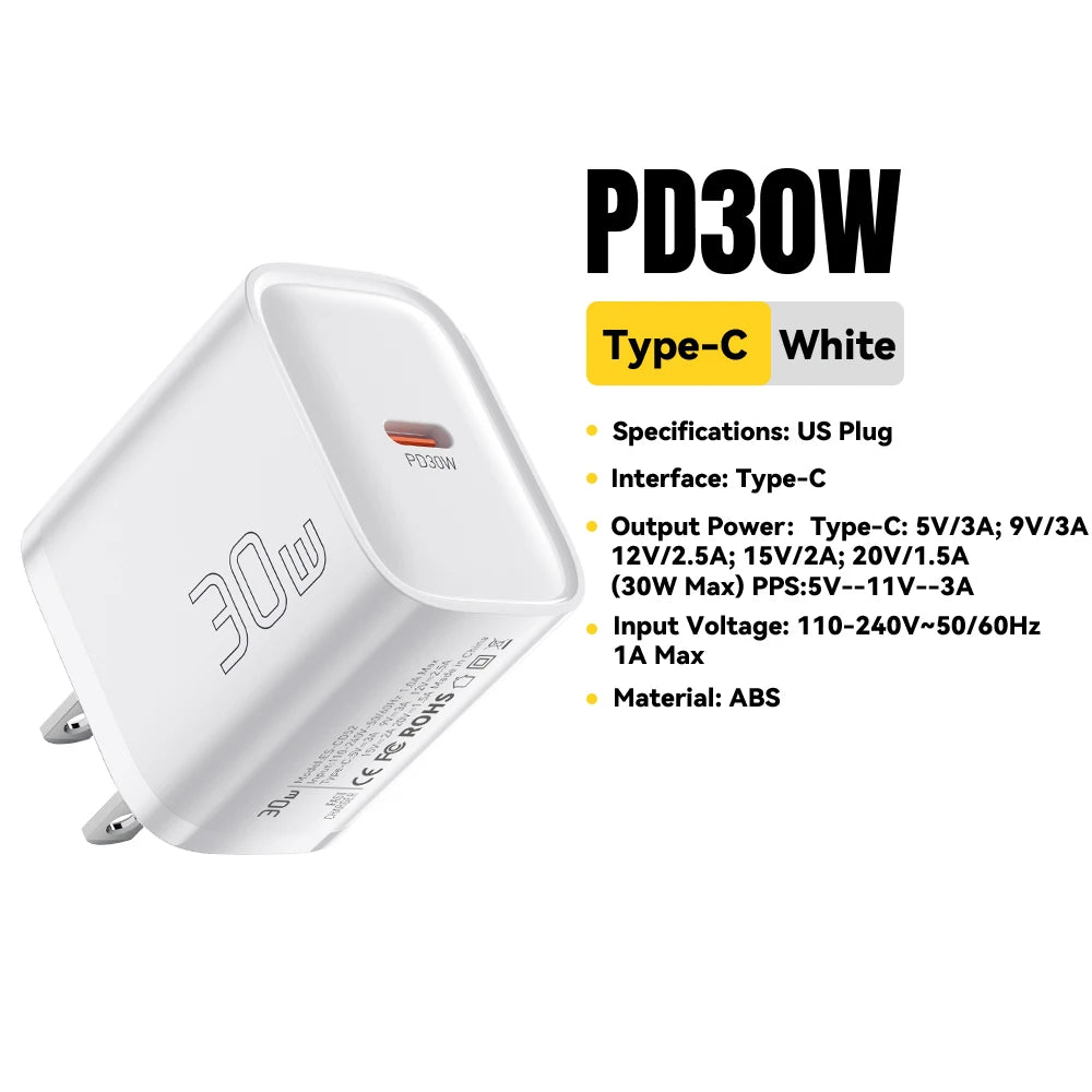 Eway ESSAGER 30W Type-C fast charger connected to a smartphone, compact and sleek design for quick charging.