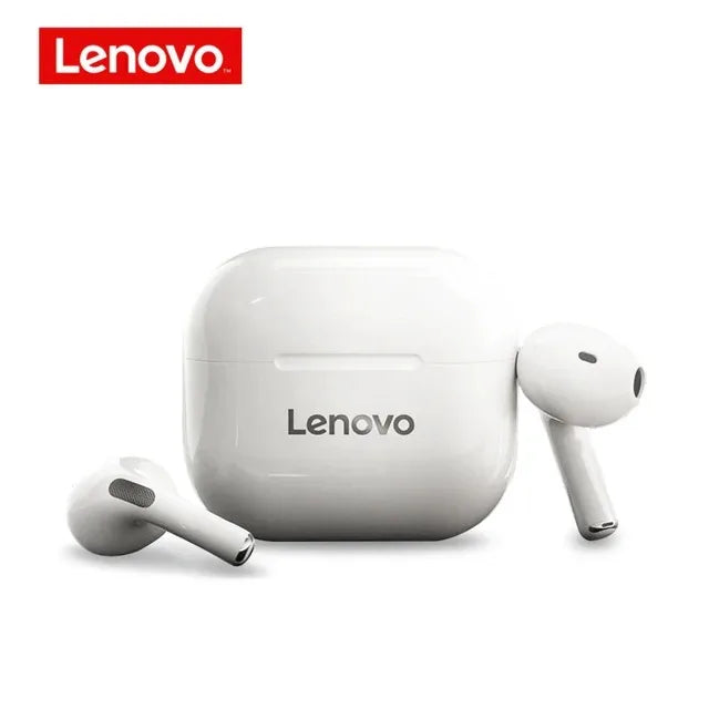 Wireless Lenovo LP40 earbuds by Eway, close-up view showing sleek earbuds with charging case and ear tips.
