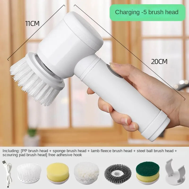 Electric multi-purpose cleaning brush by Eway with multiple attachments for versatile cleaning tasks.