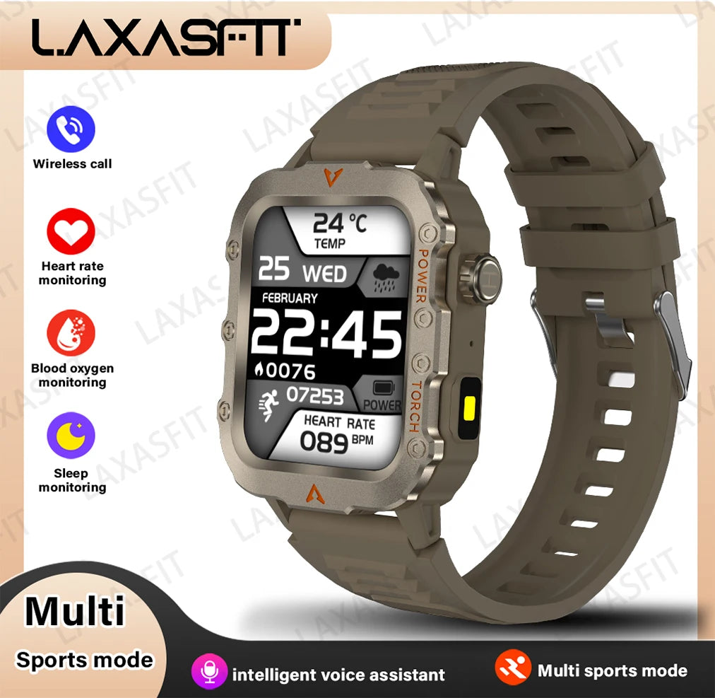 Eway LAXASFIT Q11 smart watch displaying digital time, fitness tracking features, and a sleek black strap.
