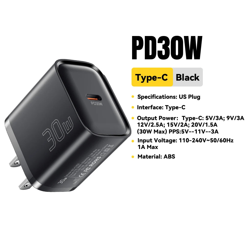 Eway ESSAGER 30W Type-C fast charger connected to a smartphone, showcasing quick charging capabilities and compact design.