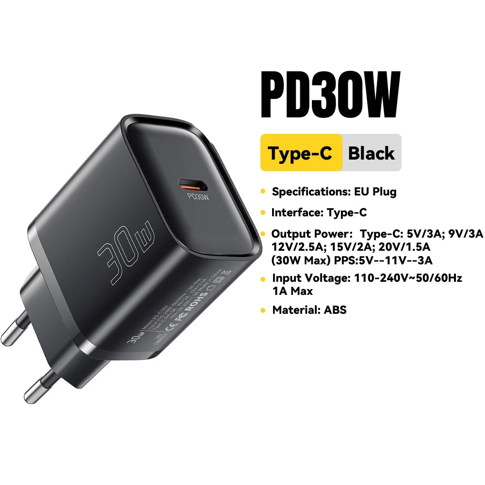 Eway ESSAGER 30W fast Type-C charger with sleek design, shown plugged into a device for quick charging.