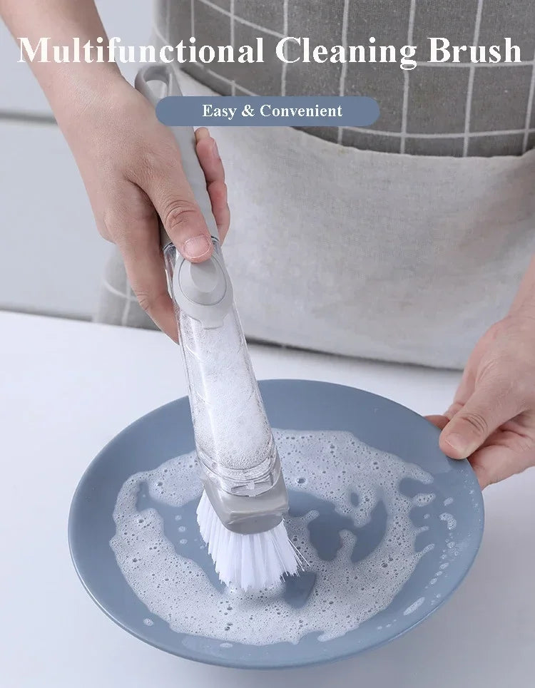 Eway 2-in-1 kitchen cleaning brush with soap dispenser, featuring a durable handle and integrated scrubbing head for easy dishwashing.