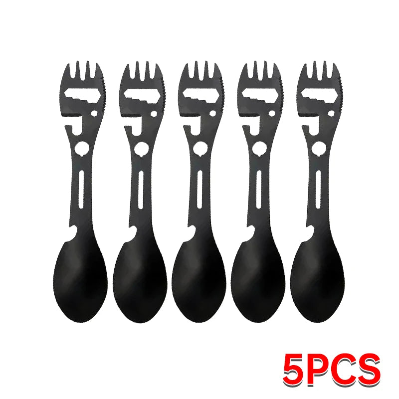 Eway stainless steel multi-purpose dining utensil set with various tools displayed on a white background.