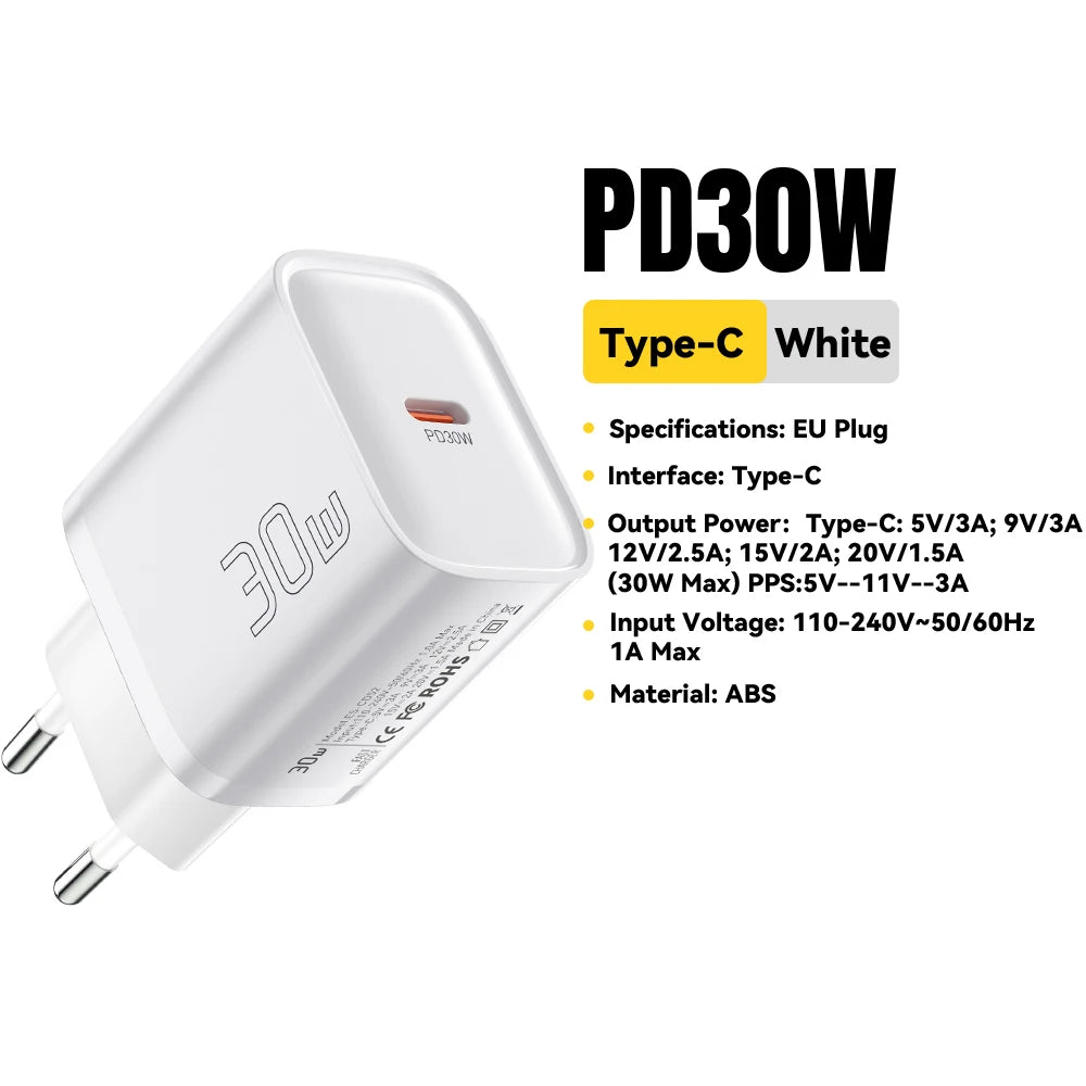 Eway ESSAGER 30W Type-C fast charger connected to a smartphone, compact and sleek design for quick charging.