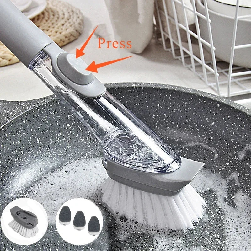 Eway 2-in-1 kitchen cleaning brush with soap dispenser, featuring a green handle and soft bristles for effective dishwashing.