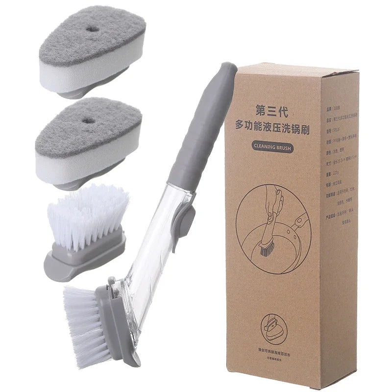Eway 2-in-1 kitchen cleaning brush with soap dispenser, featuring a durable handle and soft brush head for easy dishwashing.