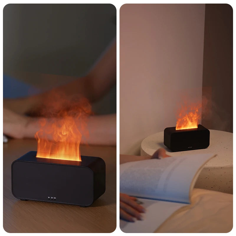 Eway humidifier with flame effect, white ceramic design, emitting warm mist and ambient light for home comfort.
