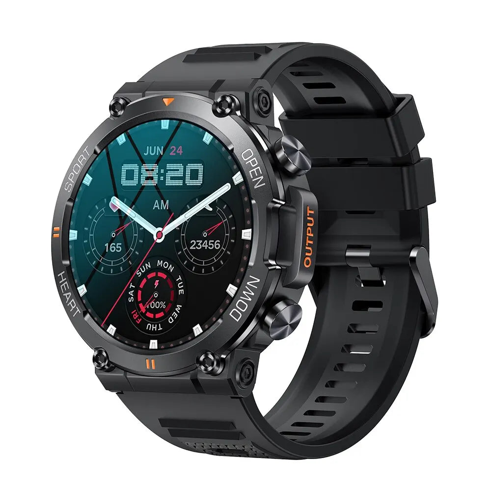 Eway MEVADEN MD56 smart watch with black strap and digital display showing time and fitness metrics.
