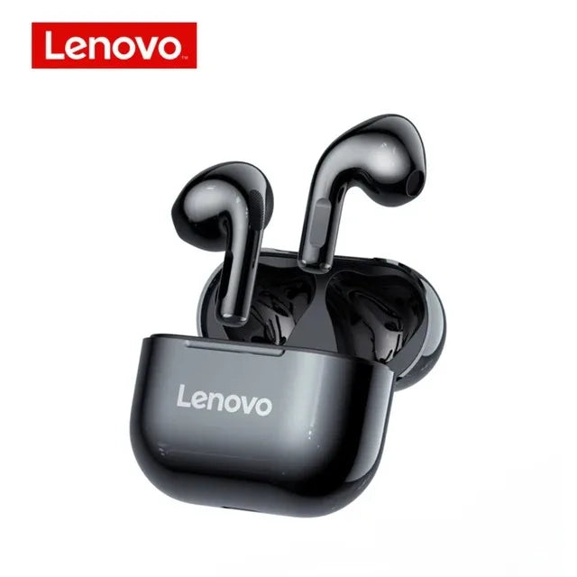 Wireless Lenovo LP40 earphones by Eway with black earbuds and charging case, shown against a plain background.
