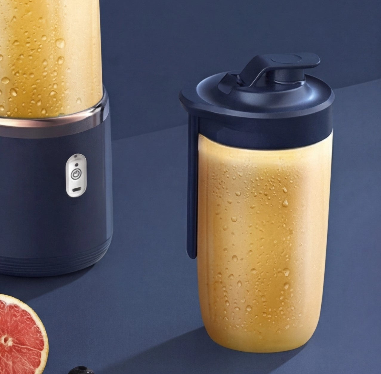 Eway rechargeable juice blender with transparent container and blending blades, compact and portable for fresh smoothies.