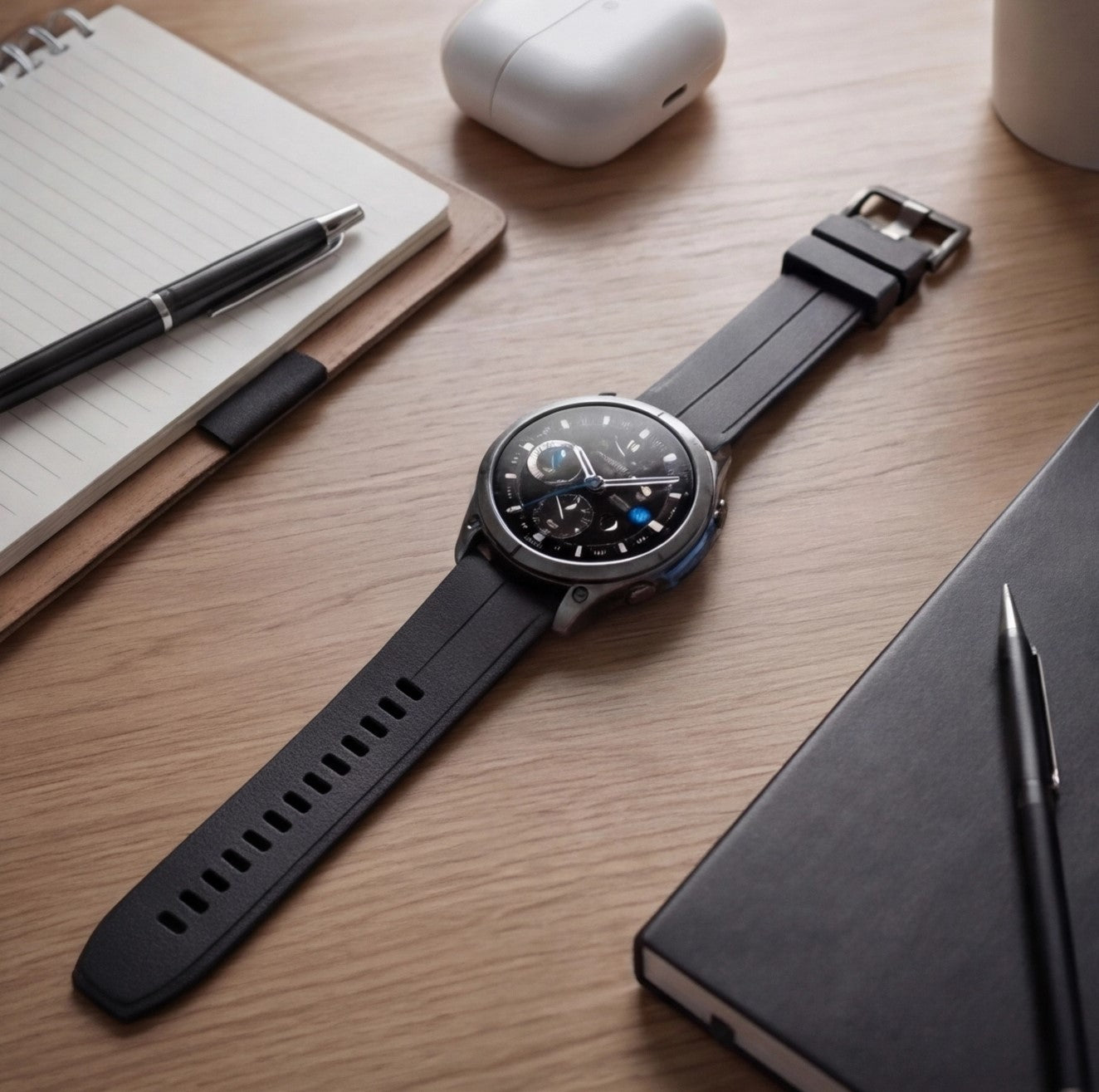 Eway Zeblaze VIBE 8 smart watch with black band and digital display showing time and health metrics.