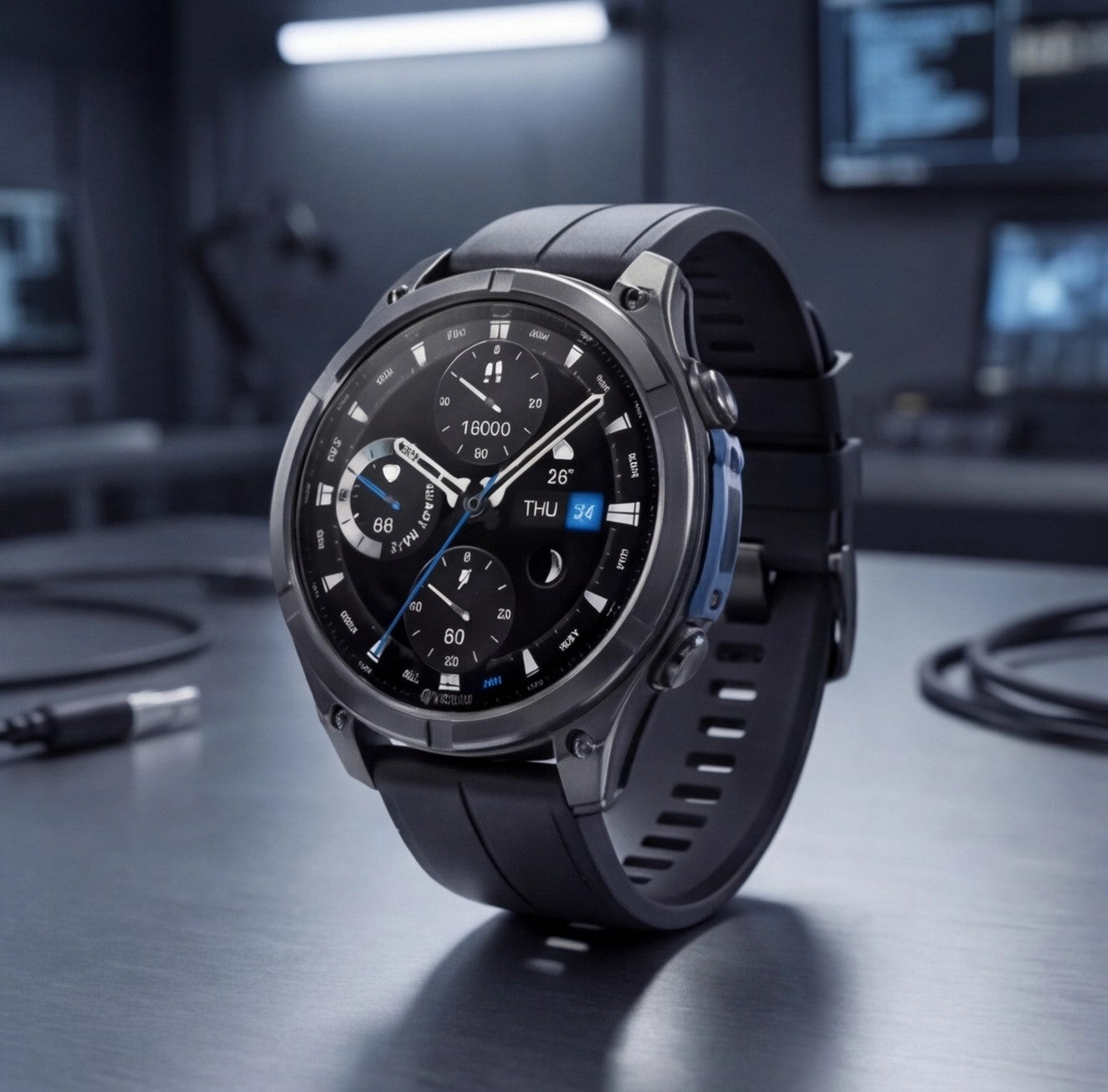 Zeblaze VIBE 8 smart watch by Eway showing digital display, sleek black band, and fitness tracking features.