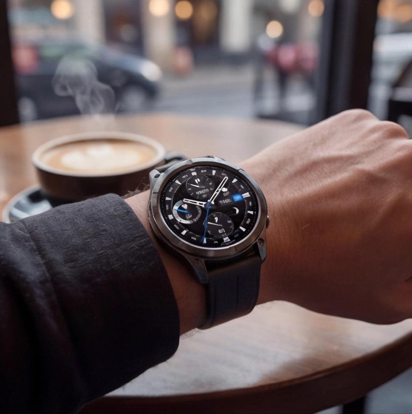 Eway Zeblaze VIBE 8 smart watch displaying a digital watch face with fitness and notification icons on a black band