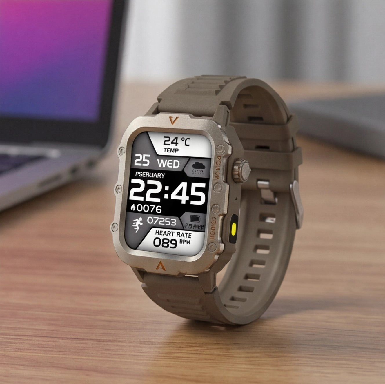 Eway LAXASFIT Q11 smart watch with black strap, digital display, fitness tracking features, and sleek design.