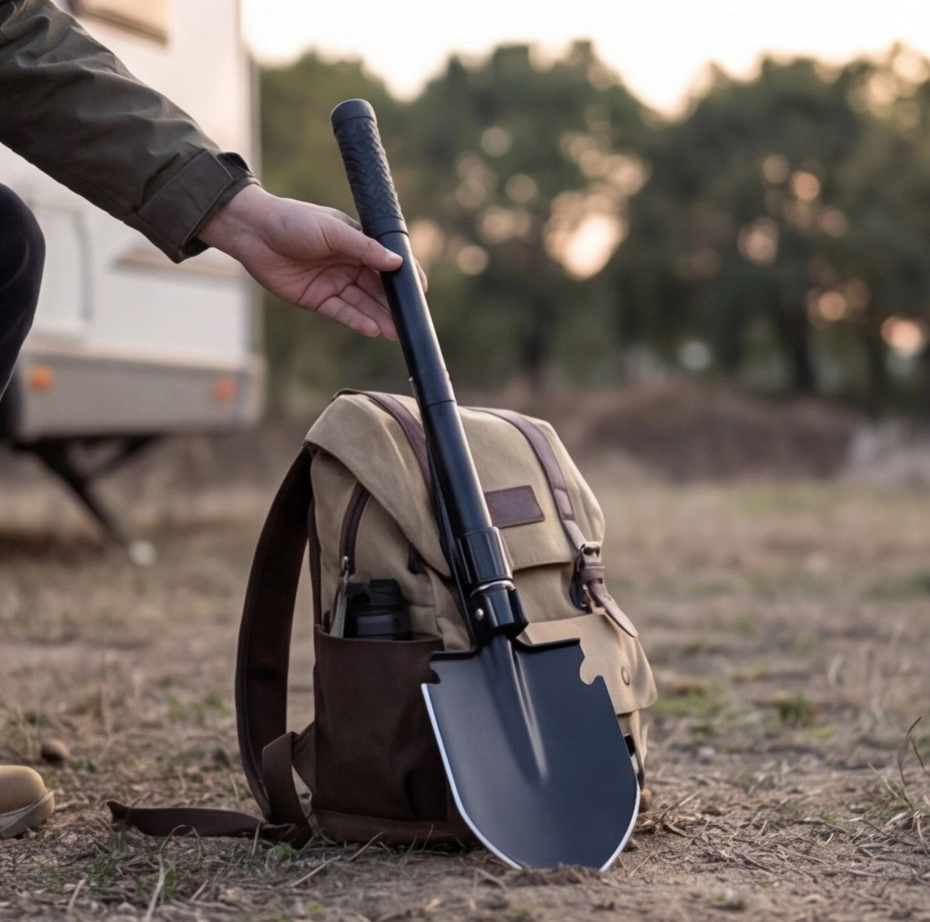 Multi-purpose camping shovel by Edieu Eway, showing a sturdy metal blade and ergonomic handle for outdoor digging and camping tasks.