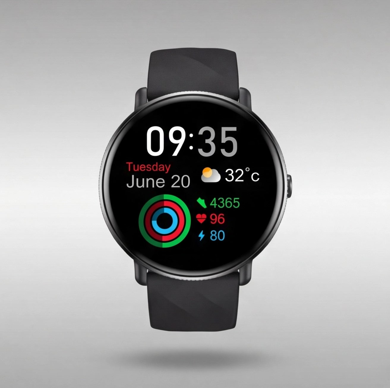 Eway Zeblaze GTR 3 Pro smart watch displaying digital time and fitness tracking features on a sleek black band.