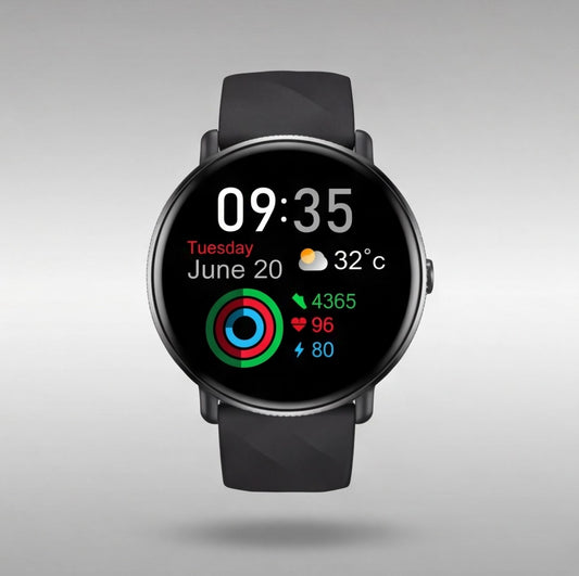Eway Zeblaze GTR 3 Pro smart watch displaying digital time and fitness tracking features on a sleek black band.