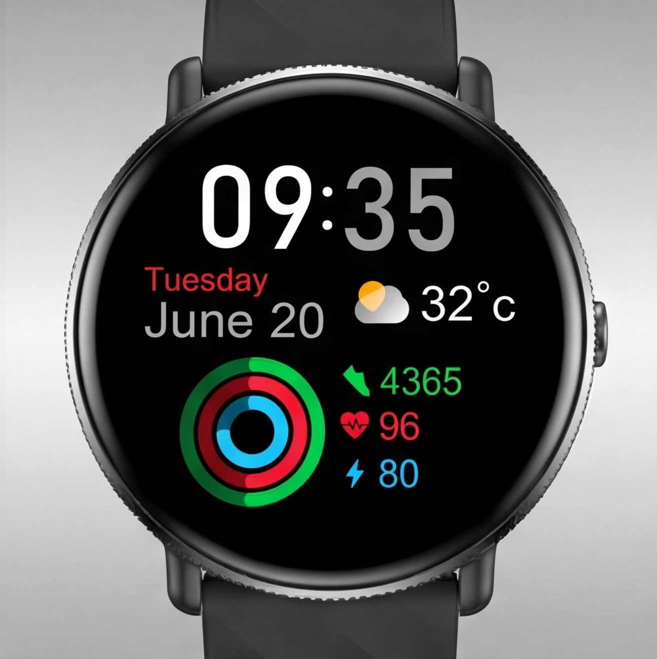 Eway Zeblaze GTR 3 PRO smart watch displaying a digital watch face with fitness tracking features and a black strap.